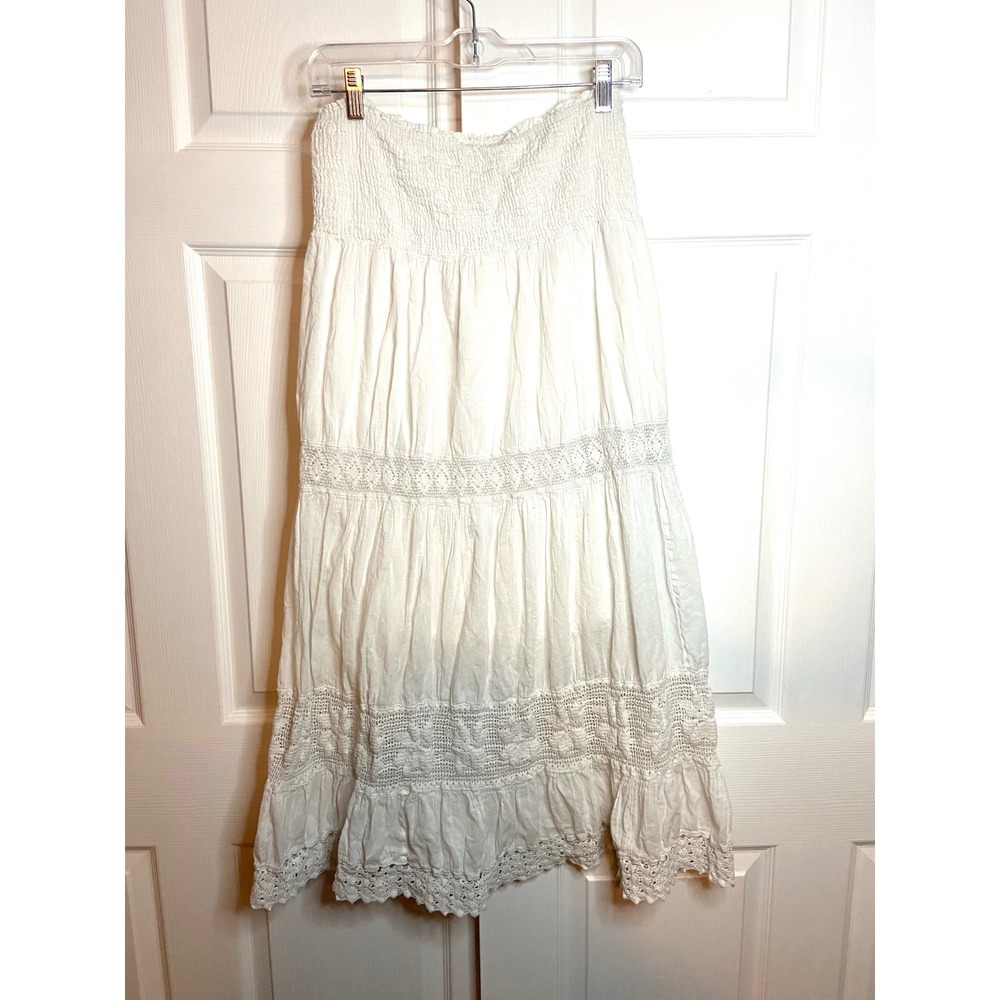 White Cotton Smocked Tiered Maxi Skirt Eyelet Lace Crochet Boho Medium